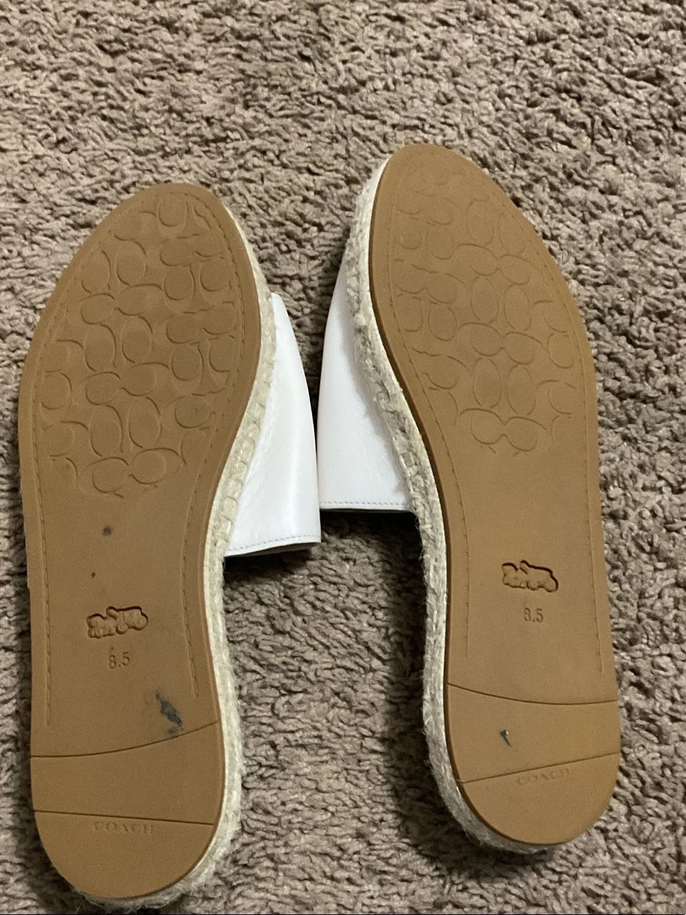 Coach White Leather Slide Sandals with Gold Coach Horse & Carriage Emblem